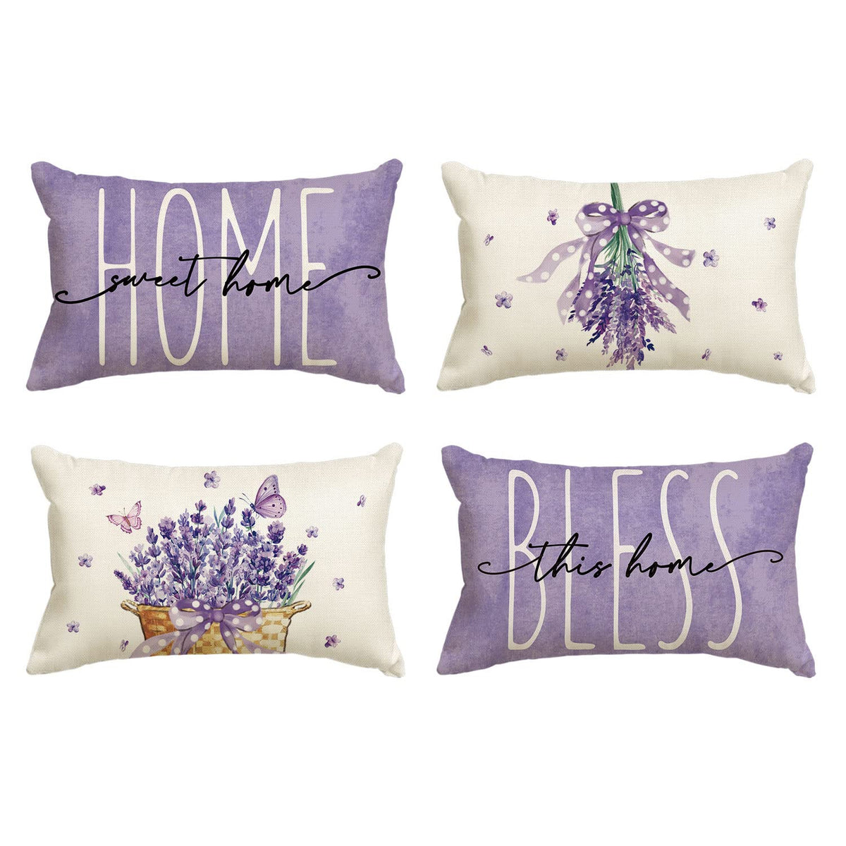 AVOIN colorlife Lavender Bless This Home Sweet Home Spring Throw Pillow Covers, 20 x 20 Inch Purple Cushion Case for Sofa Couch Set of 4