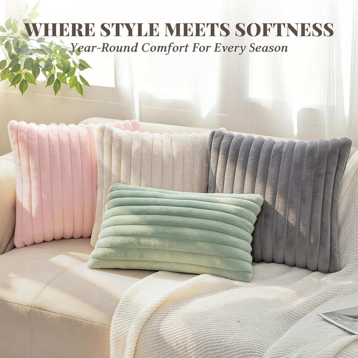 Pack of 2 Faux Fur Striped Decorative Throw Pillow Covers, Square Striped Cushion Covers, Modern Farmhouse Style Home Decor, Suitable for Living Room Sofas and Sofa Beds(Beige, 18" x 18")