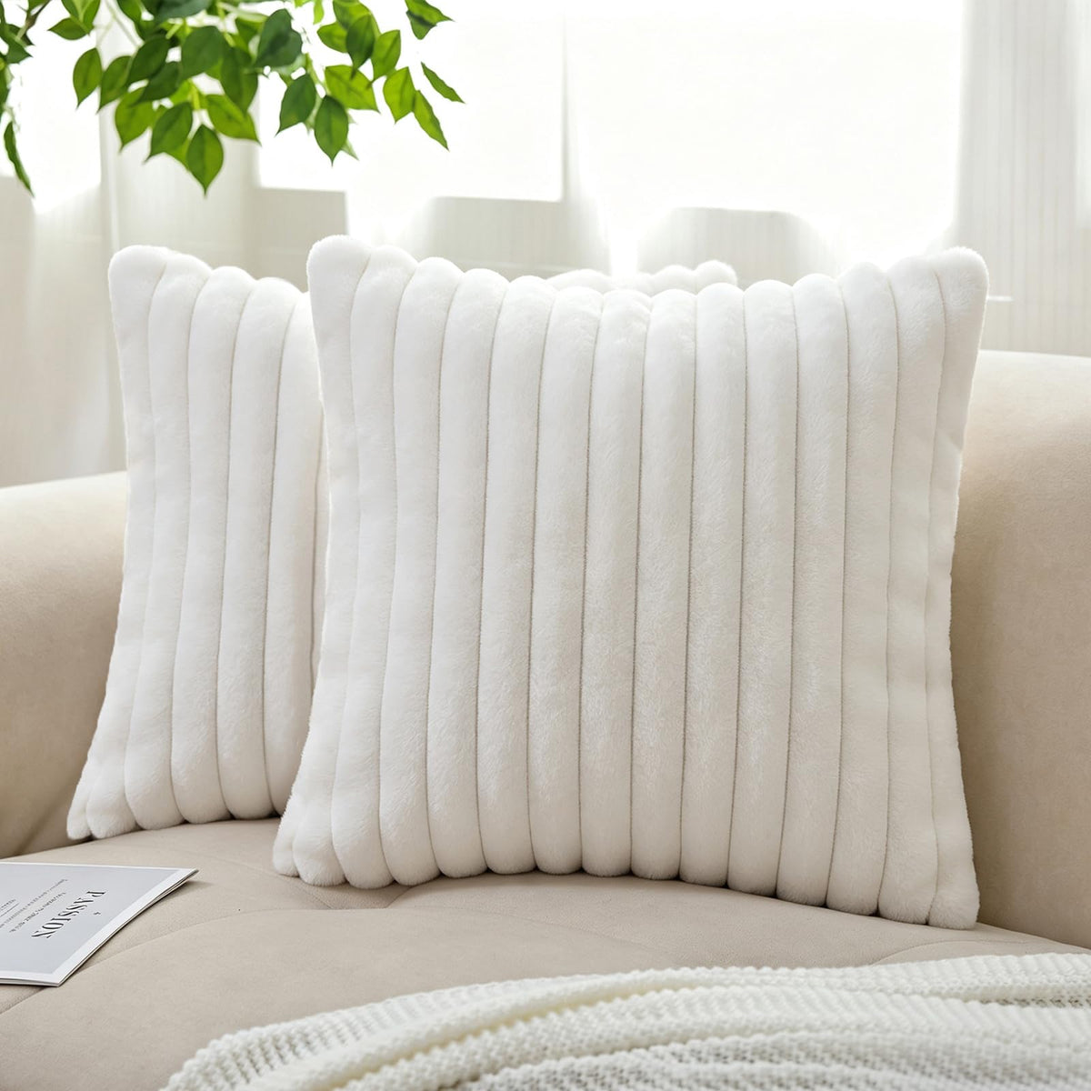 Pack of 2 Faux Fur Striped Decorative Throw Pillow Covers, Square Striped Cushion Covers, Modern Farmhouse Style Home Decor, Suitable for Living Room Sofas and Sofa Beds(Beige, 18" x 18")