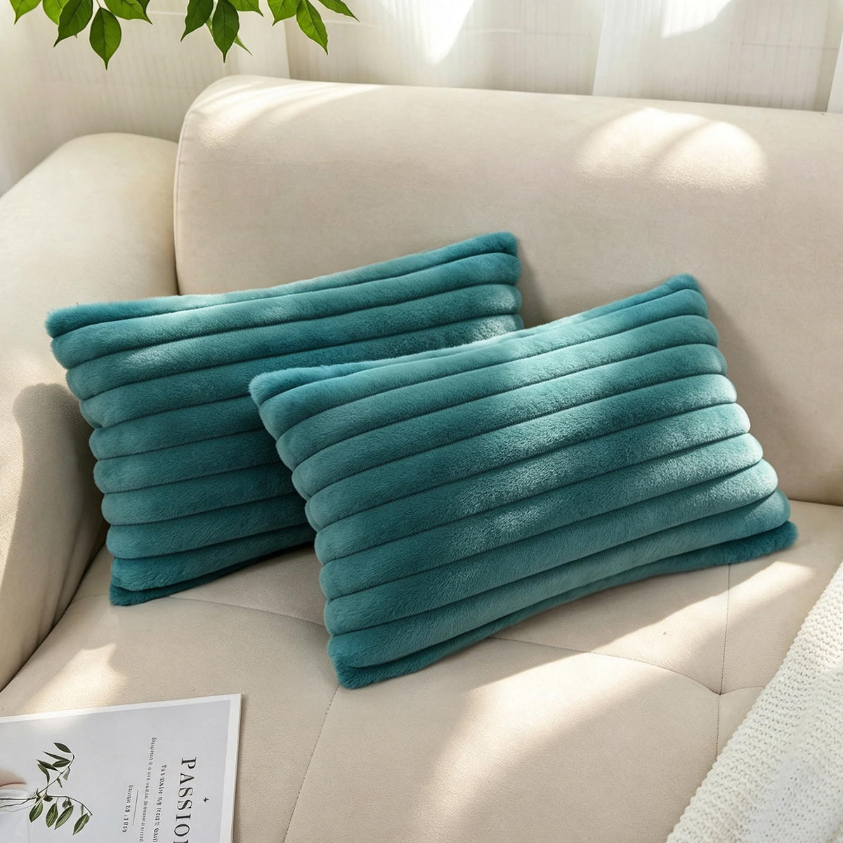 Pack of 2 Faux Fur Striped Decorative Throw Pillow Covers, Square Striped Cushion Covers, Modern Farmhouse Style Home Decor, Suitable for Living Room Sofas and Sofa Beds(Beige, 18" x 18")