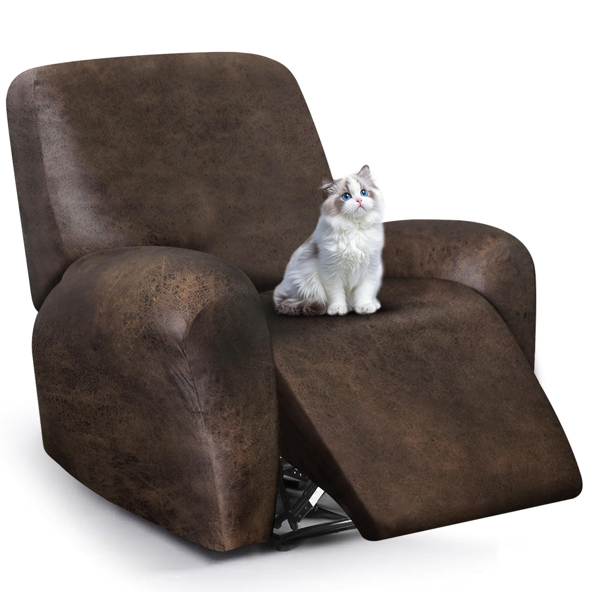 ANARACHON Leather Look Recliner Couch Cover, 8-Pieces Stretch Recliner Sofa Covers, Soft Reclining Slipcover, Washable Furniture Protector for Pets (3 Seater, Brown)