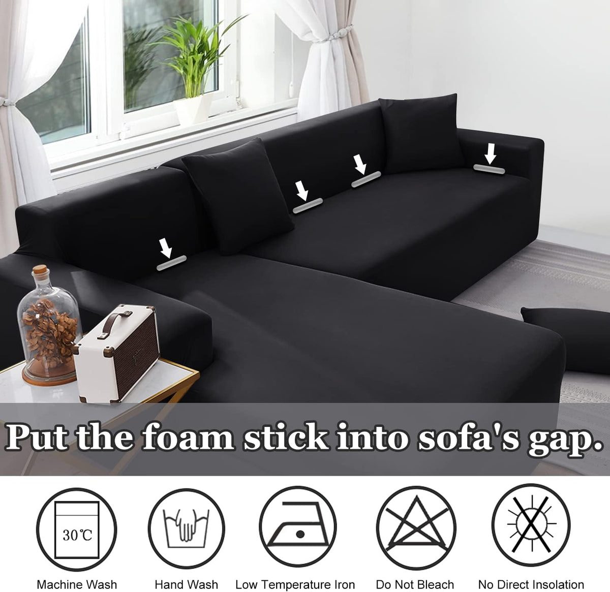 NAISI Couch Cover L Shape 2 Pieces Sofa Cover Soft Stretch Slipcovers with 2pcs Pillowcases Furniture Protector Sectional Couch Covers 3 Seater + 3 Seater(Black)