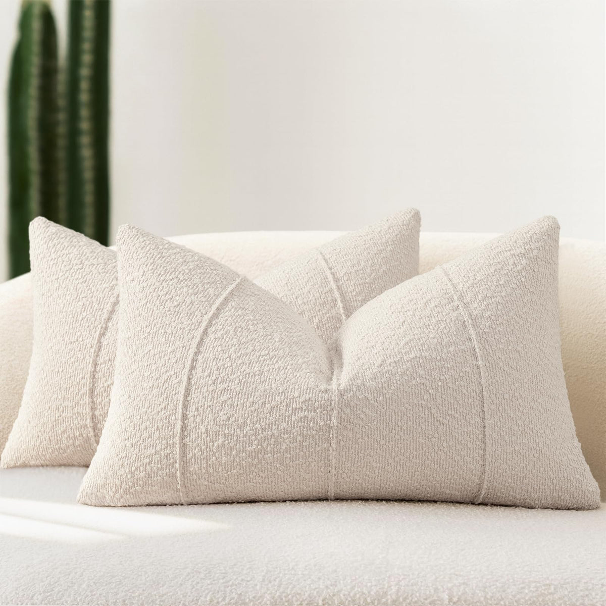 YCOLL Textured Boucle Throw Pillow Covers 20x20 Pack of 2 - Soft Neutral Striped Cushion Covers, Cozy Accent Decorative Pillow Covers for Couch, Sofa, Bed, Living Room (Beige)