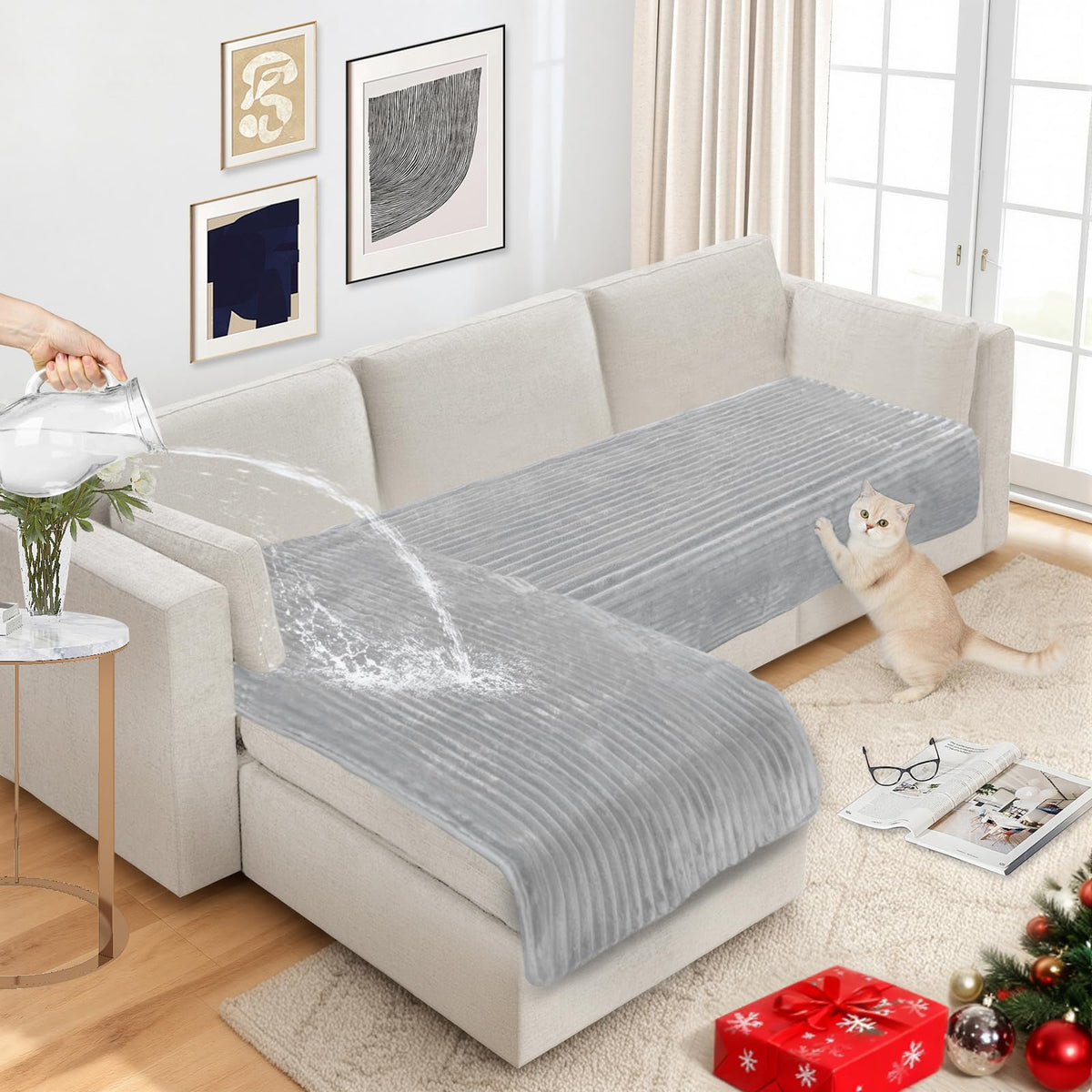 NAISI Couch Covers for Dogs Waterproof Flannel Striped Sofa Cover Pet Friendly Washable Dog Mat for Couch Anti Slip Sectional Sofa Slipcover Protector(2pcs/35"x63"+35"x70",Khaki)
