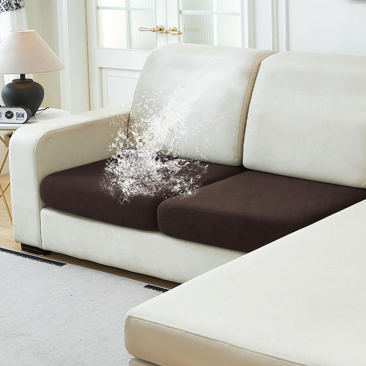 NAISI Waterproof Couch Cushion Covers Thick Velvet Fabric Washable Sofa Slipcovers Sectional Couch Covers for 4 Pieces Separate L Shape Couch Cover with Elastic Bottom(3 Seater + 1 Chaise,Grey)