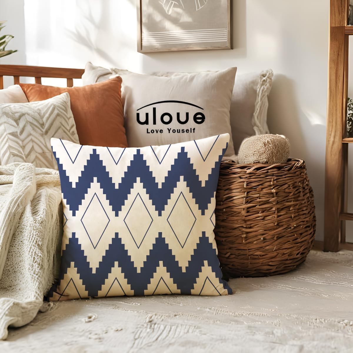ULOVE LOVE YOURSELF Square Decorative Throw Pillows Cushion Covers Blue Beige Stripes Modern Geometry Print Home Pillowcases 18 X 18 Inch,4 Pack for Sofa Couch