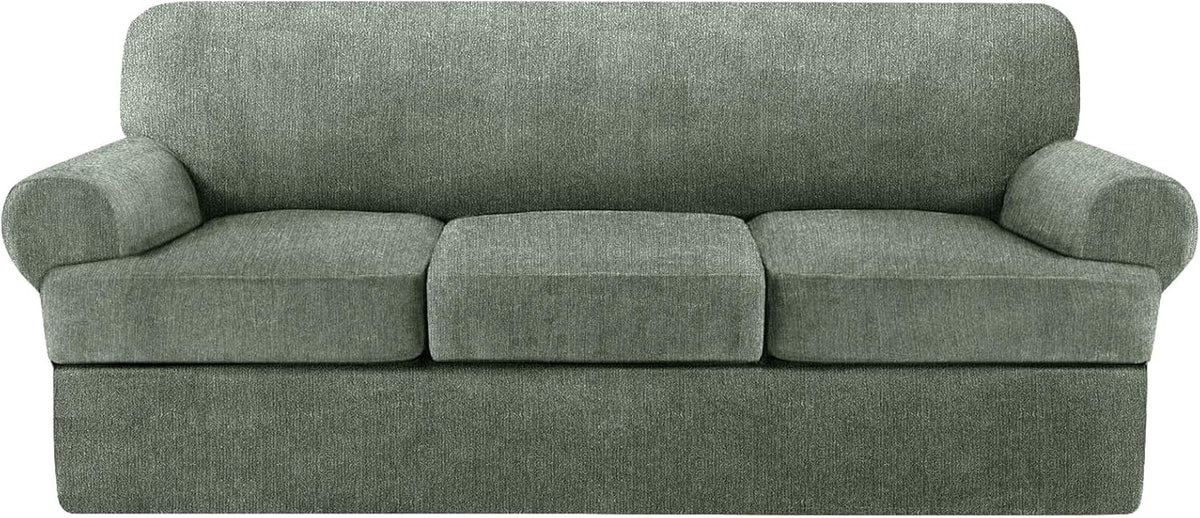 4 Piece T Cushion Sofa Slipcovers Stretch Couch Cover Furniture Covers with 3 Individual T Cushion Covers, Machine Washable for Living Room (Green, 3 Cushions)