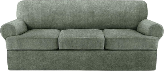 4 Piece T Cushion Sofa Slipcovers Stretch Couch Cover Furniture Covers with 3 Individual T Cushion Covers, Machine Washable for Living Room (Green, 3 Cushions)