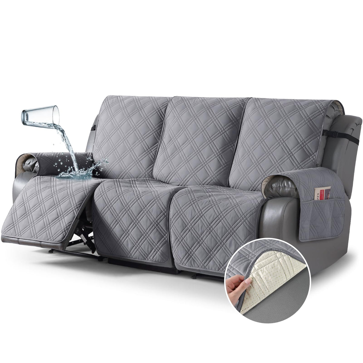TAOCOCO 100% Waterproof Recliner Sofa Cover Non Slip Couch Cover for 3 Seat Reclining Sofa, Split Reclining Couch Covers 3-Piece with Straps, Washable Sofa Slipcover for Kids Pets(3 Seater, Chocolate)
