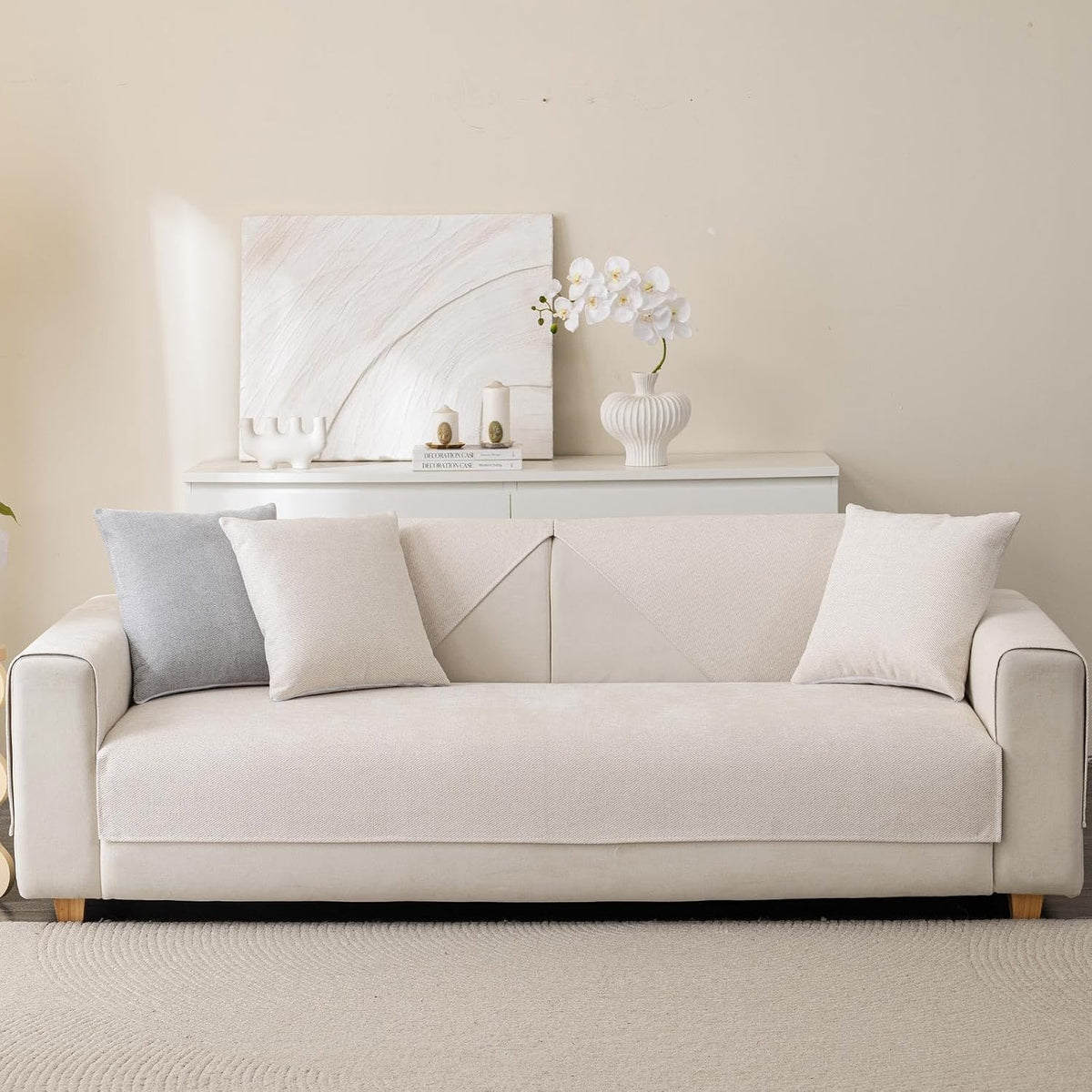Soft Plush Couch Cover Washable, Non Slip Pluffy Sectional Sofa Covers for 3 Cushion Couch Sofa L Sharped Sofa Slipcover, Furniture Protector for Pets (1 PCS 36"x94" White)