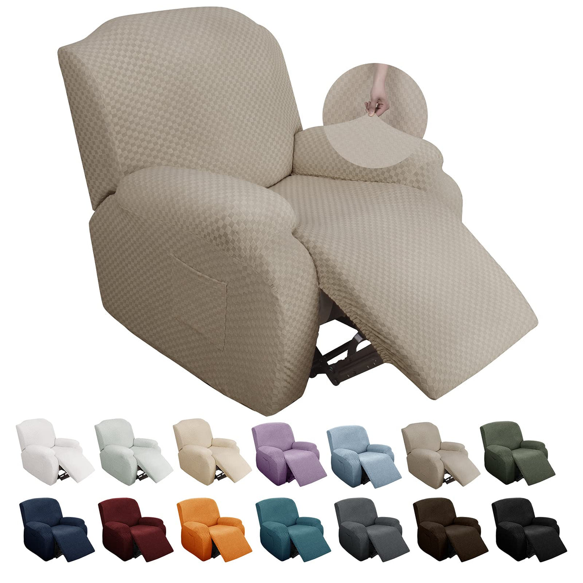 YEMYHOM 8 Pieces Stretch Recliner Sofa Cover Latest Jacquard Reclining Couch Cover with Side Pocket Anti-Slip Fitted 3 Cushion Furniture Slipcovers with Elastic Bottom (Sofa Recliner, Light Gray)