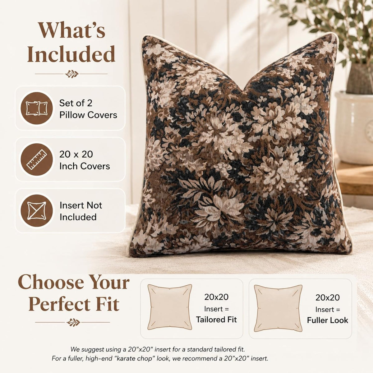 CROWNED BEAUTY Farmhouse Floral Throw Pillow Covers, 20x20, Brown, Set of 2