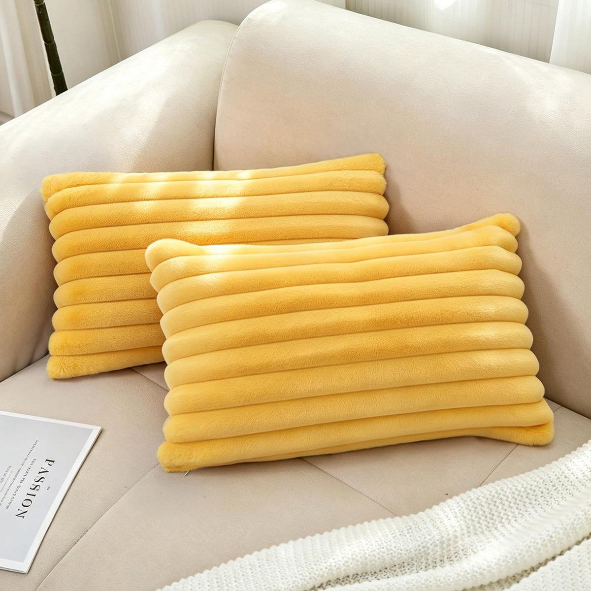 Pack of 2 Faux Fur Striped Decorative Throw Pillow Covers, Square Striped Cushion Covers, Modern Farmhouse Style Home Decor, Suitable for Living Room Sofas and Sofa Beds(Beige, 18" x 18")