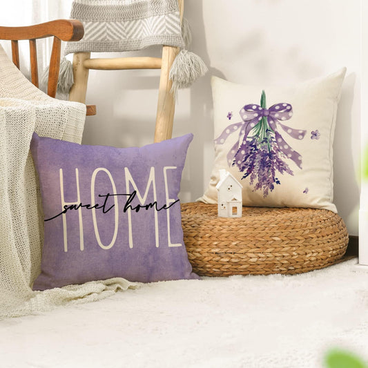 AVOIN colorlife Lavender Bless This Home Sweet Home Spring Throw Pillow Covers, 20 x 20 Inch Purple Cushion Case for Sofa Couch Set of 4