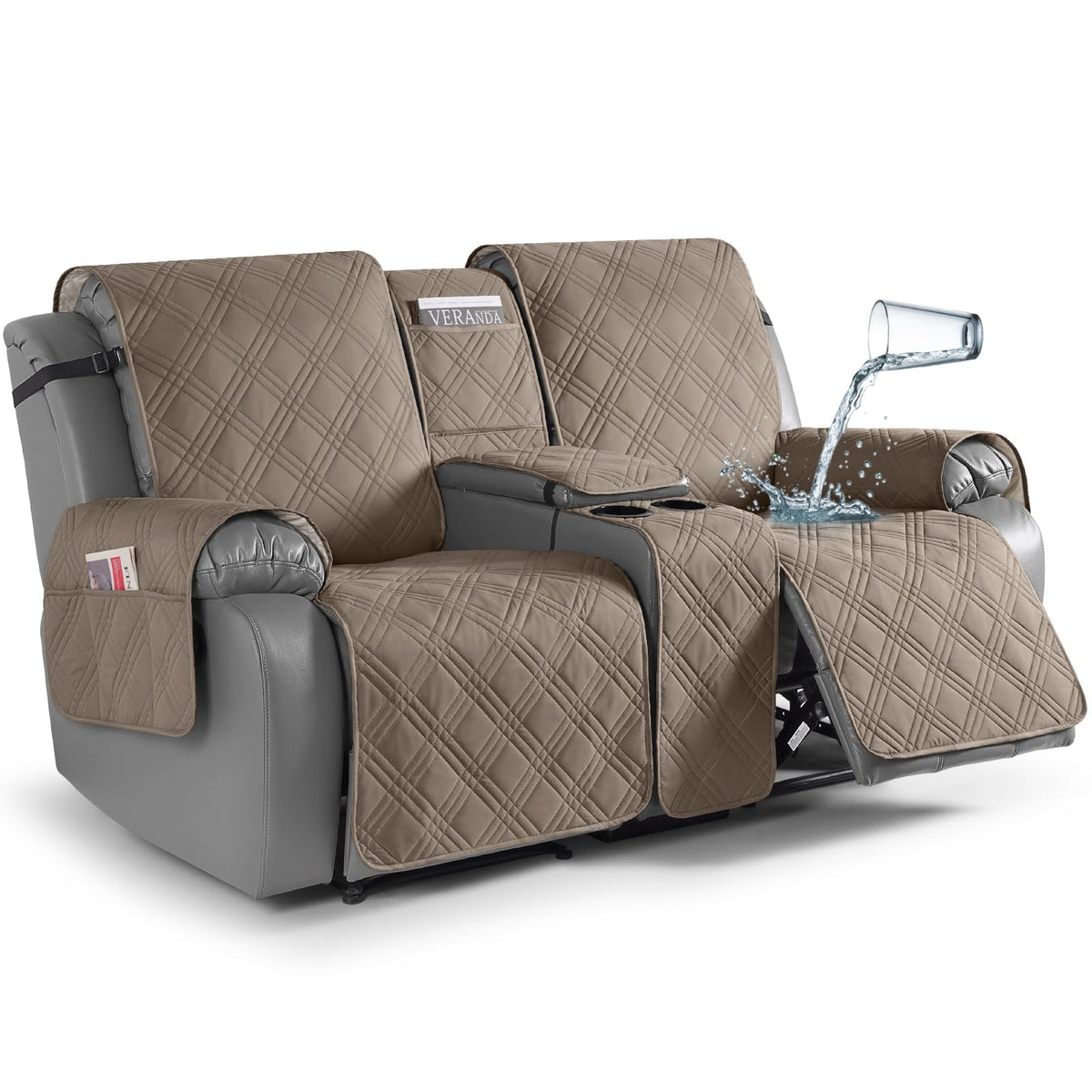TAOCOCO Loveseat Recliner Cover with Center Console, 100% Waterproof Pet Cover for Dual Recliner with Straps Design, Split Reclining Loveseat Covers Furniture Pet&Kids Protector (2 Seater, Chocolate)