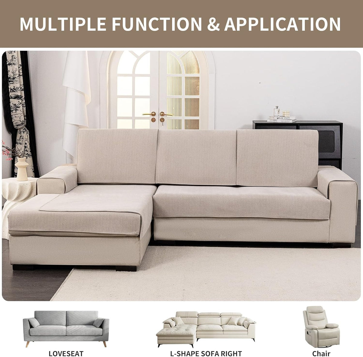 Chenille Sectional Sofa Covers Herringbone Washable Funny Fuzzy Non-Slip Protector for L-Shaped (Beige Brown, 36"x 83")