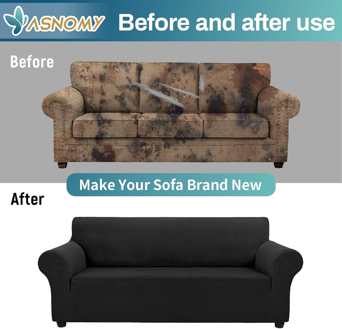 Asnomy Stretch Couch Covers for Sofa Washable, 3 Cushion Couch,Black