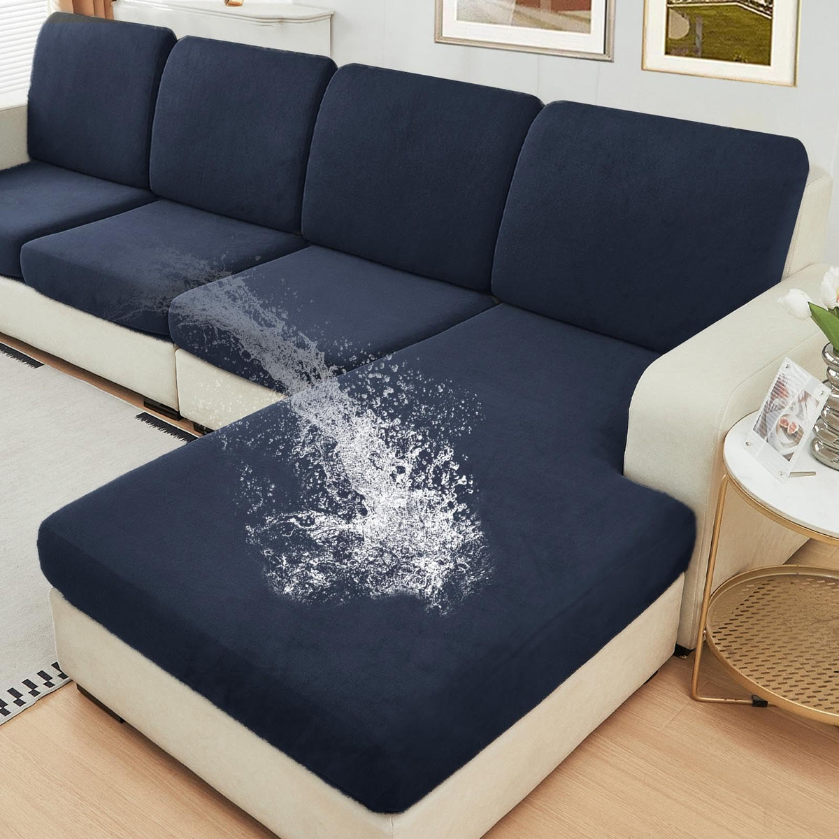 NAISI Waterproof Couch Cushion Covers Thick Velvet Fabric Washable Sofa Slipcovers Sectional Couch Covers for 4 Pieces Separate L Shape Couch Cover with Elastic Bottom(3 Seater + 1 Chaise,Grey)