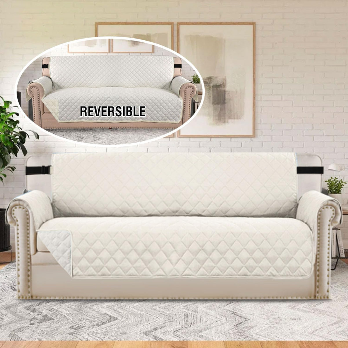 H.VERSAILTEX Reversible Couch Cover for 3 Cushion Cover Pet Friendly Sofa Cover for Dog Washable Furniture Protector Water Resistant Slipcover with Non Slip Elastic Strap(Sofa, Ivory/Beige)