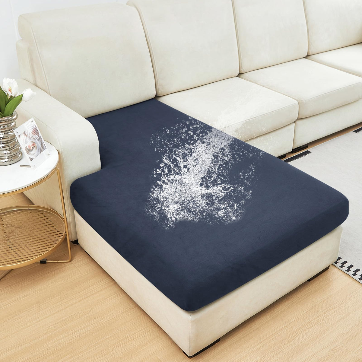 NAISI Waterproof Couch Cushion Covers Thick Velvet Fabric Washable Sofa Slipcovers Sectional Couch Covers for 4 Pieces Separate L Shape Couch Cover with Elastic Bottom(3 Seater + 1 Chaise,Grey)
