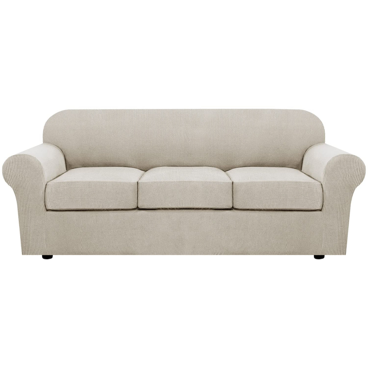 H.VERSAILTEX 4 Piece Stretch Sofa Covers for 3 Cushion Couch Covers for Living Room Slipcovers (Base Cover Plus 3 Seat Cushion Covers) Upgraded Thicker Jacquard Fabric (Sofa, Sand)