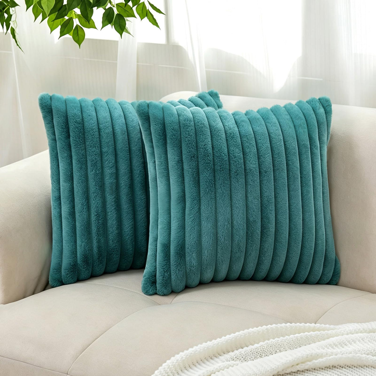 Pack of 2 Faux Fur Striped Decorative Throw Pillow Covers, Square Striped Cushion Covers, Modern Farmhouse Style Home Decor, Suitable for Living Room Sofas and Sofa Beds(Beige, 18" x 18")