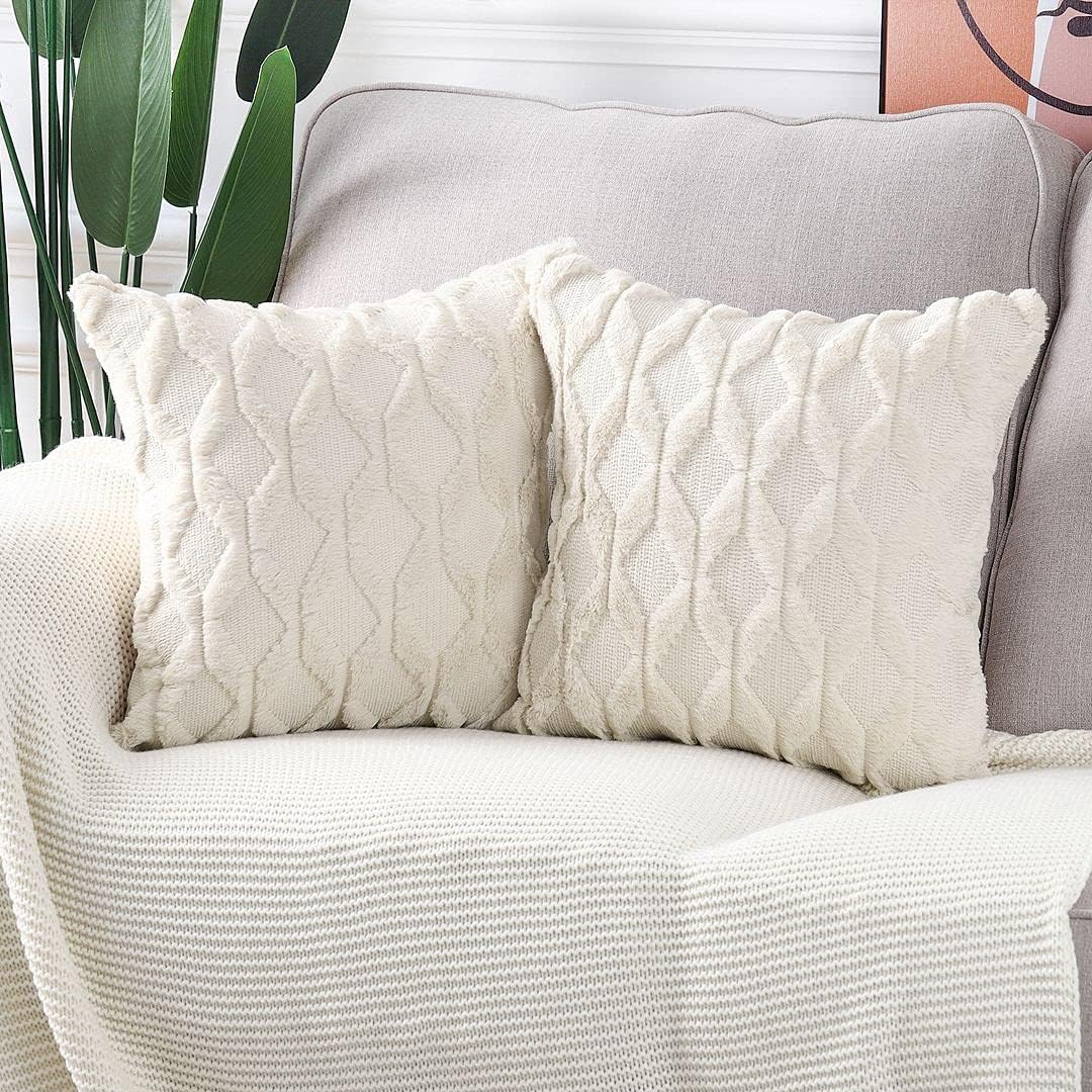 MADIZZ Set of 2 Soft Polyester Short Wool Velvet Decorative Throw Pillow Covers 18x18 inch Beige Square Luxury Style Cushion Cases Pillow Shell for Sofa Bedroom