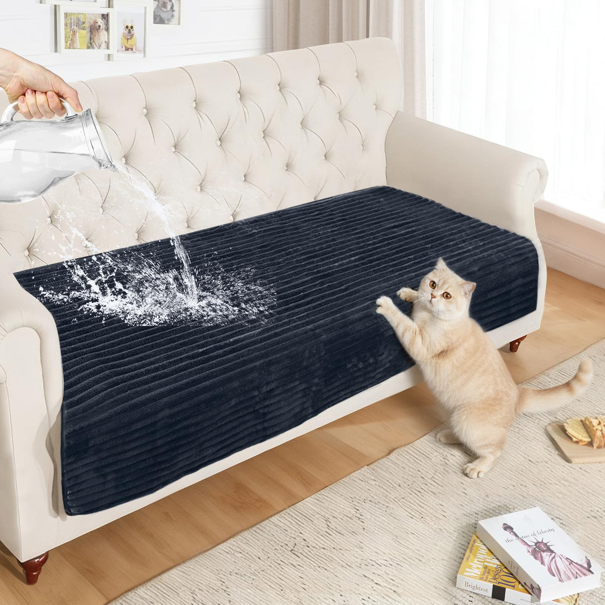 NAISI Couch Covers for Dogs Waterproof Flannel Striped Sofa Cover Pet Friendly Washable Dog Mat for Couch Anti Slip Sectional Sofa Slipcover Protector(2pcs/35"x63"+35"x70",Khaki)