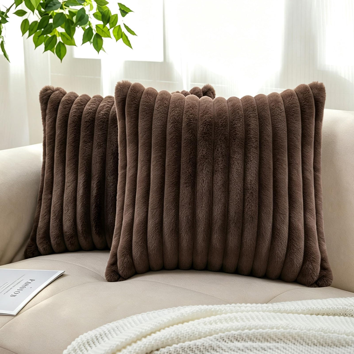 Pack of 2 Faux Fur Striped Decorative Throw Pillow Covers, Square Striped Cushion Covers, Modern Farmhouse Style Home Decor, Suitable for Living Room Sofas and Sofa Beds(Beige, 18" x 18")