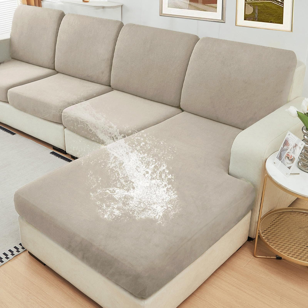 NAISI Waterproof Couch Cushion Covers Thick Velvet Fabric Washable Sofa Slipcovers Sectional Couch Covers for 4 Pieces Separate L Shape Couch Cover with Elastic Bottom(3 Seater + 1 Chaise,Grey)
