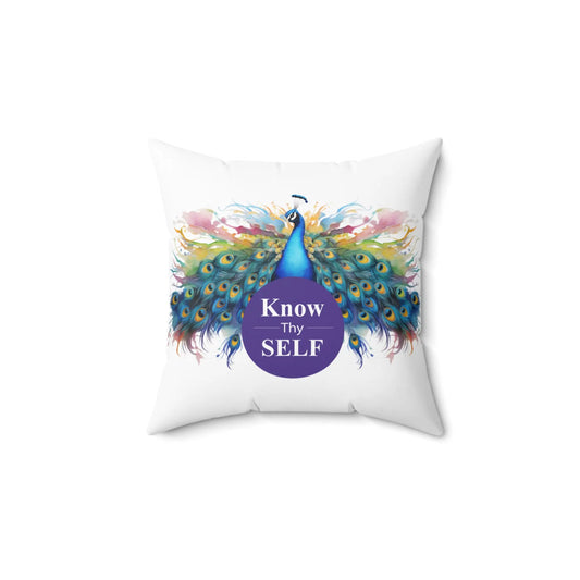 Know Thyself Peacock Square Pillow - Inspirational Home Decor