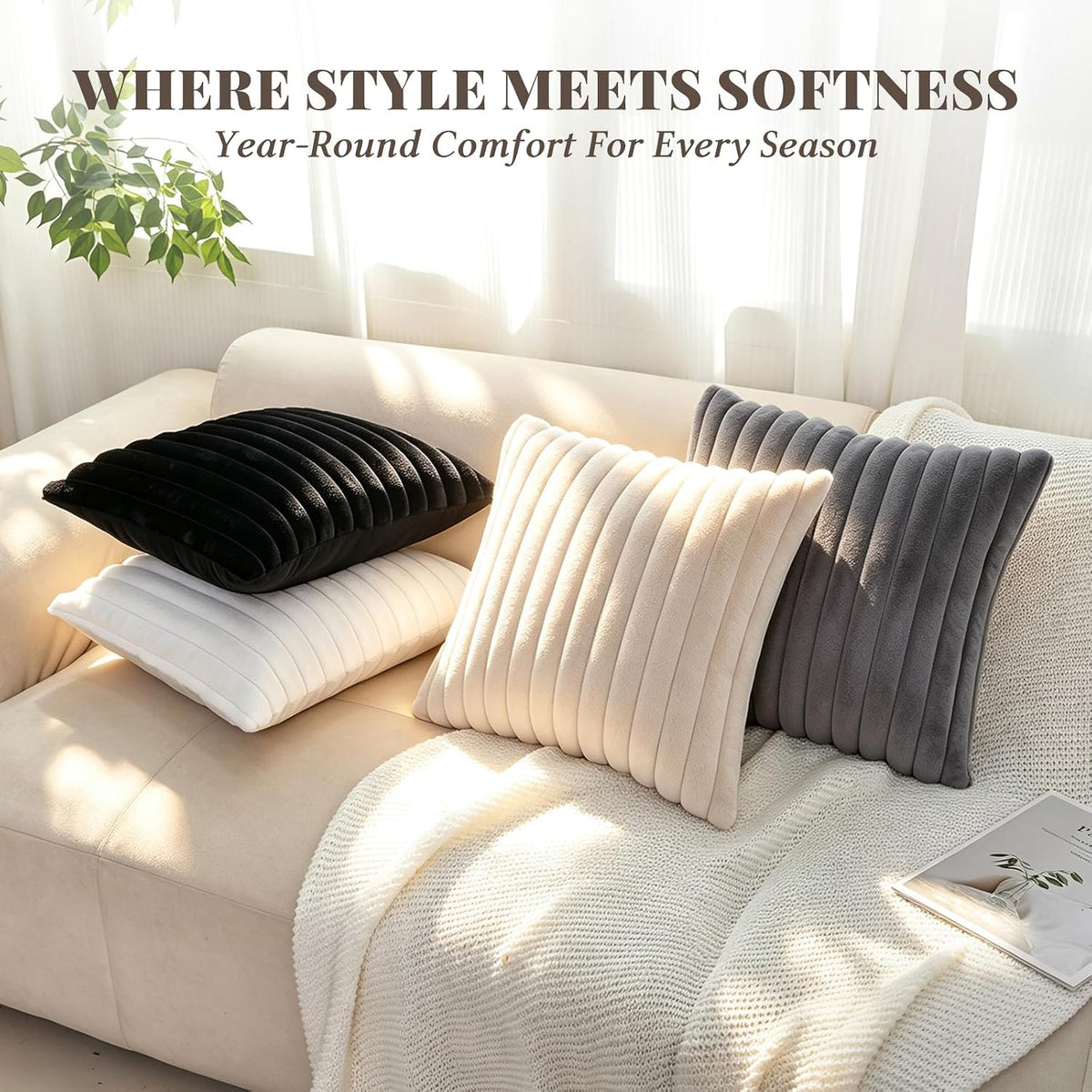 Pack of 2 Faux Fur Striped Decorative Throw Pillow Covers, Square Striped Cushion Covers, Modern Farmhouse Style Home Decor, Suitable for Living Room Sofas and Sofa Beds(Beige, 18" x 18")