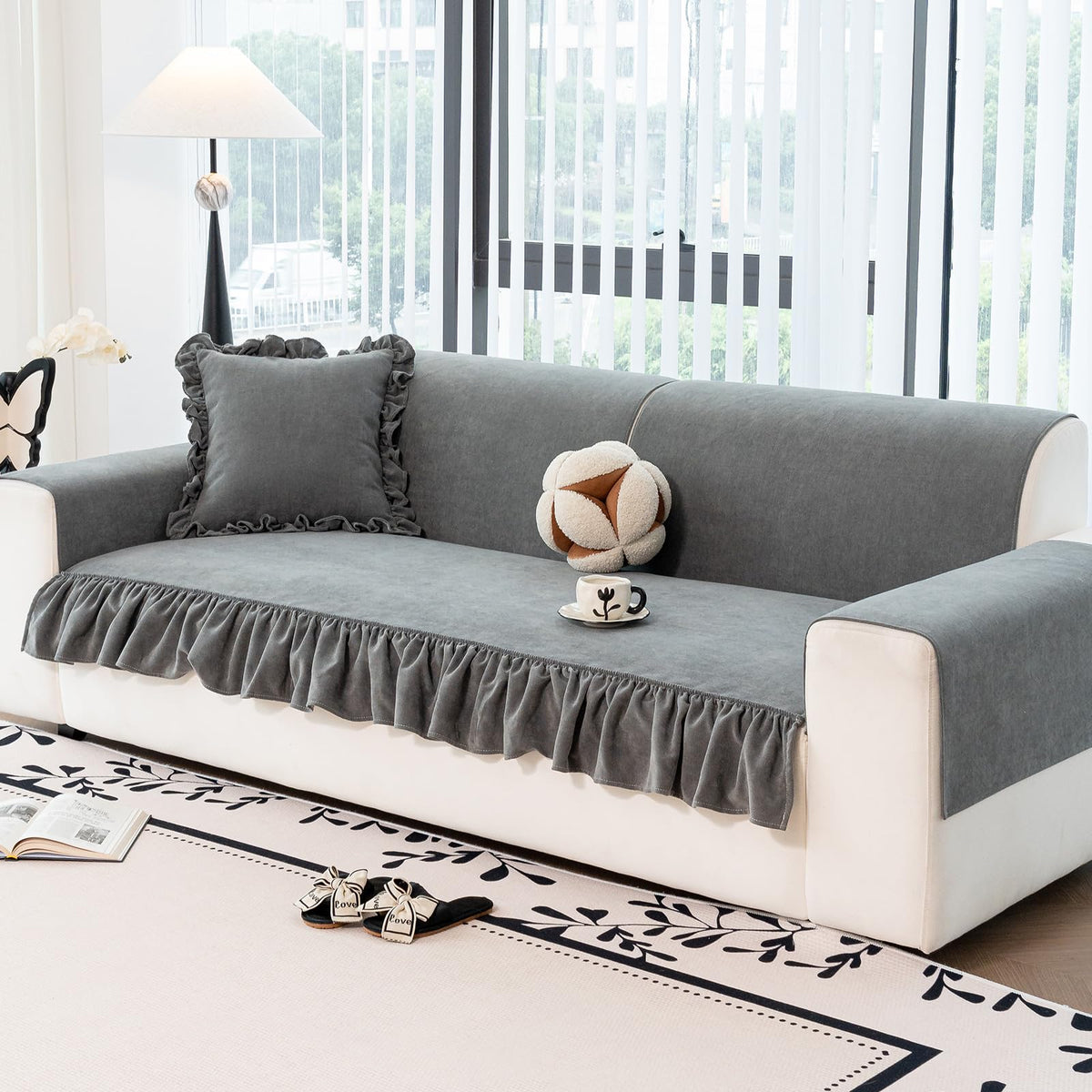 Chenille Sectional Sofa Covers Herringbone Washable Funny Fuzzy Non-Slip Protector for L-Shaped (Beige Brown, 36"x 83")