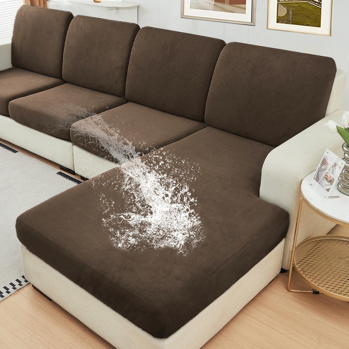 NAISI Waterproof Couch Cushion Covers Thick Velvet Fabric Washable Sofa Slipcovers Sectional Couch Covers for 4 Pieces Separate L Shape Couch Cover with Elastic Bottom(3 Seater + 1 Chaise,Grey)