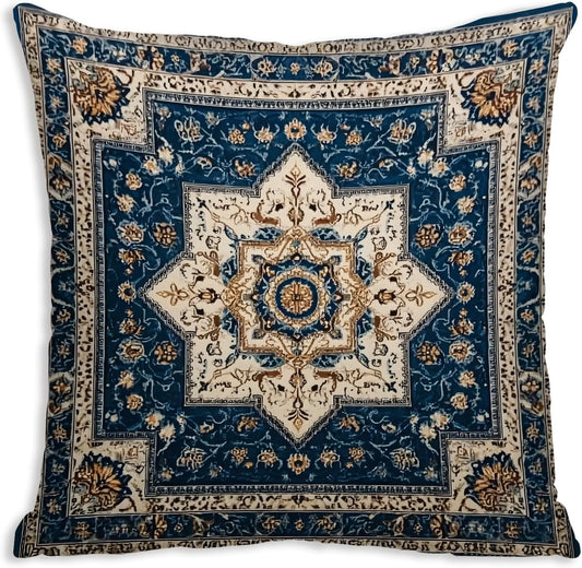 Bohemian Vintage Ethnic Pattern Pillow Covers, Boho Throw Pillow Cover, Printed Carpet Pattern Decor Double Sided Square Pillowcase for Living Room Farmhouse Sofa Home (Blue, 18x18inch)