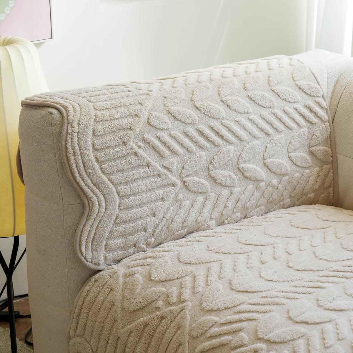 Couch Covers for Sofa, Plush Sofa Cover Washable, Geometric Jacquard Sofa Slipcovers, Non-Slip Couch Cover, Warm Couch Slipcover Furniture Protector for Kids, Pets (1PC,Khaki,36"×83")
