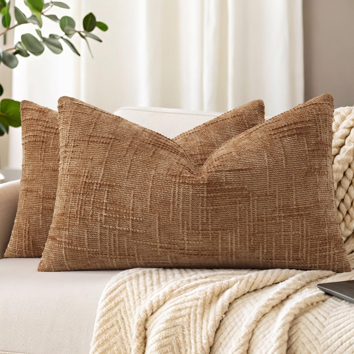 decorUhome Textured Chenille Throw Pillow Covers 18x18 Set of 2 Cream White