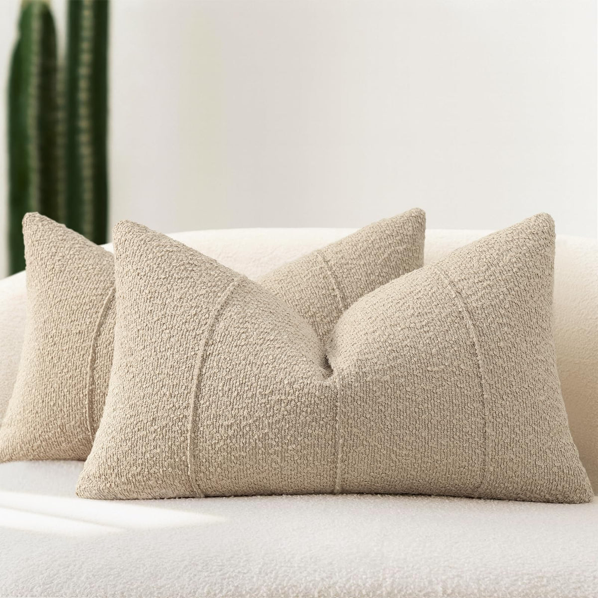 YCOLL Textured Boucle Throw Pillow Covers 20x20 Pack of 2 - Soft Neutral Striped Cushion Covers, Cozy Accent Decorative Pillow Covers for Couch, Sofa, Bed, Living Room (Beige)