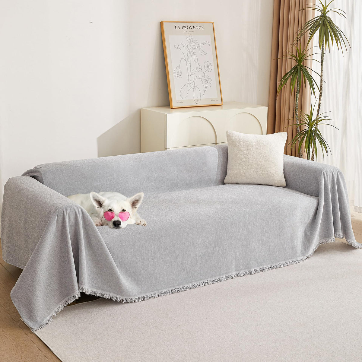 MYSKY HOME Couch Cover for Pets, Beige Couch Covers for 2 Cushion Couch Sofa, Sofa Slipcover Sectional L Shape Chenille Covers for Pets, Throw Couch for Dogs, Kids,71" X118"