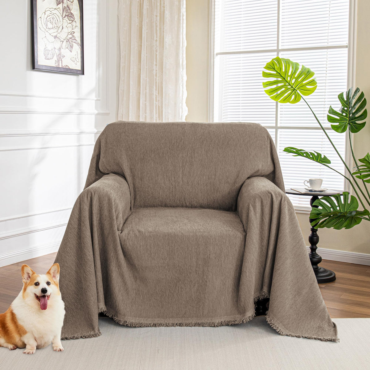 MYSKY HOME Couch Cover for Dogs, Washable Couch Covers, Non Slip Couch Sofa Cover, Couch Cover 2 Cushion Sofa Dogs Furniture Protector with Tassels Chenille Sofa Covers for Pets, 71"x118", Moss Green