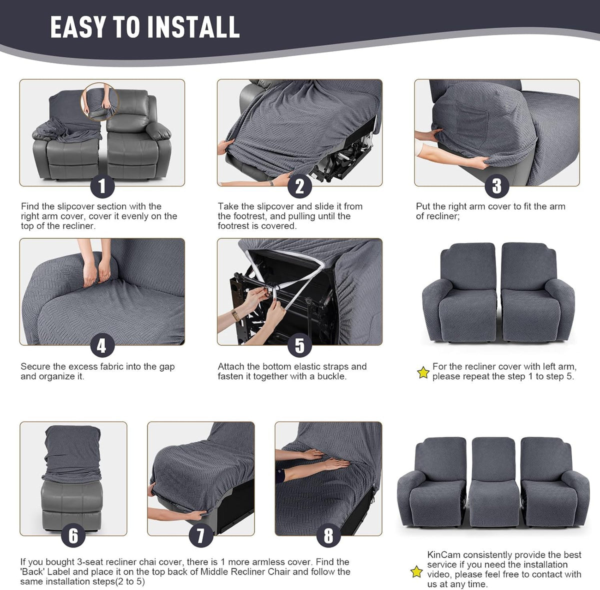 KinCam Recliner Sofa Covers, Stretch Reclining Cover, Dark Gray