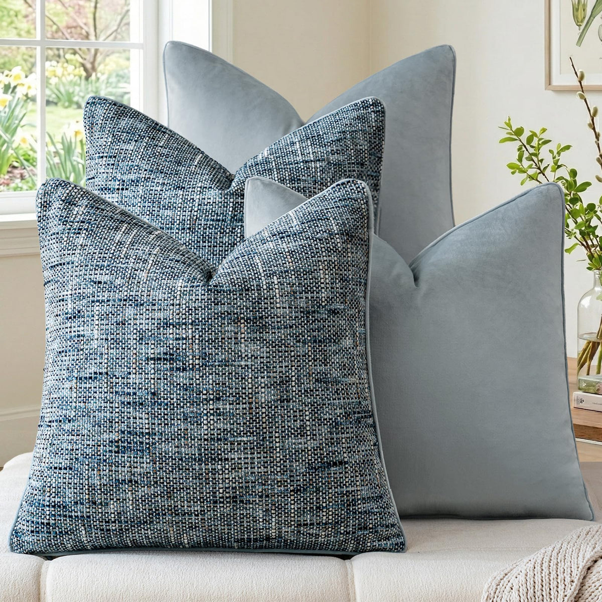 a moment Khaki 4 Pack Throw Pillow Covers - Chenille & Velvet Set with Piping, Farmhouse Textured Design Cushion Cases for Couch Sofa Bed (18x18 Inch, No Insert)