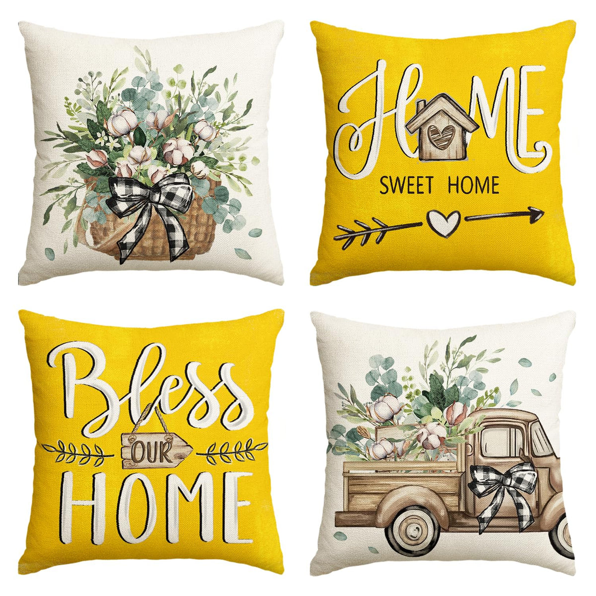 AVOIN colorlife Bless Our Home Eucalyptus Leaves Throw Pillow Covers, 18 x 18 Inch Spring Truck Cushion Case for Home Sofa Couch Set of 4