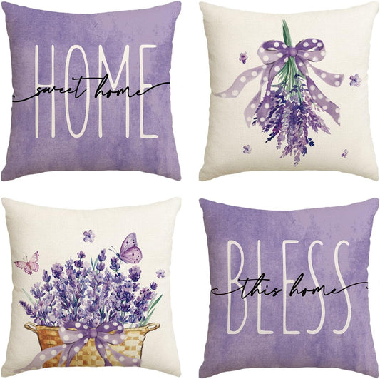 AVOIN colorlife Lavender Bless This Home Sweet Home Spring Throw Pillow Covers, 20 x 20 Inch Purple Cushion Case for Sofa Couch Set of 4