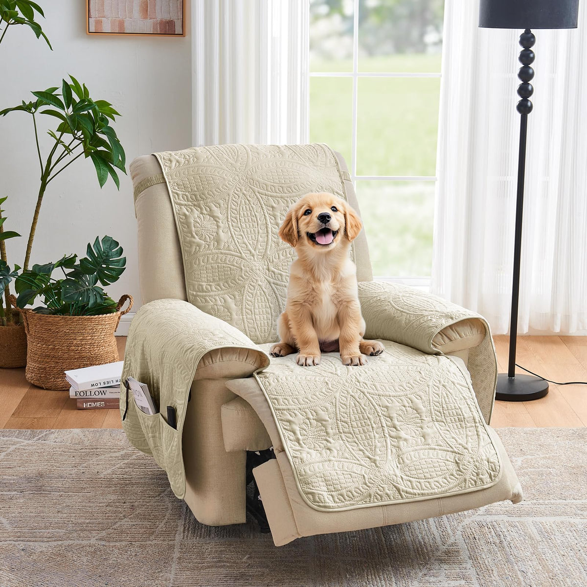 Quilted Sofa Slipcovers with Pockets, Anti-Slip Medallion Designed Couch Covers for 3 Cushion Sofa, Couch Cover for Dogs Cats Water-Repellent Machine Washable (Large Sofa 68", Ivory White)