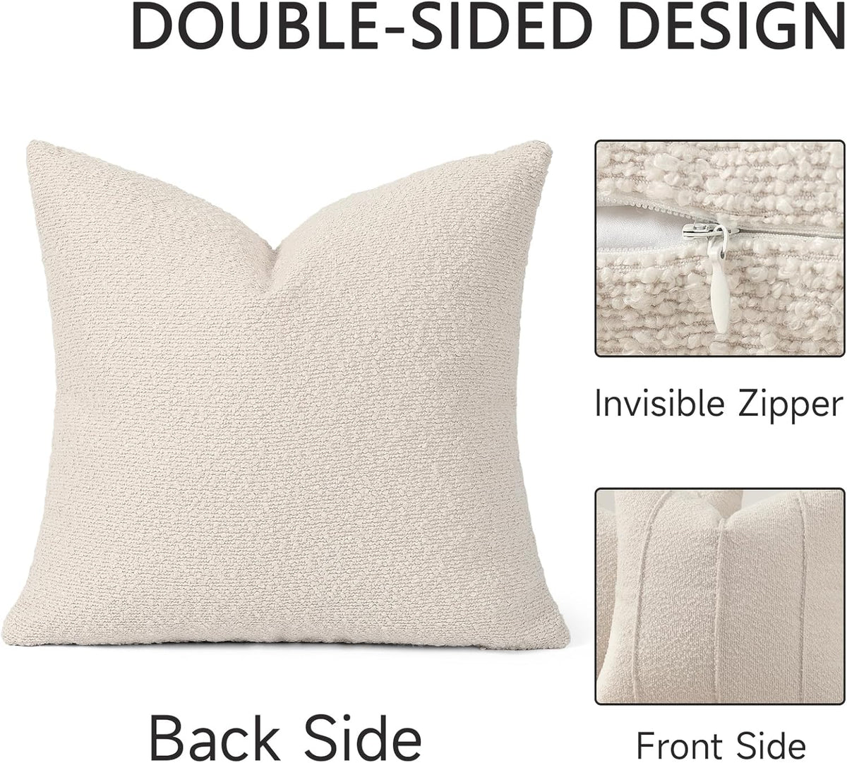 YCOLL Textured Boucle Throw Pillow Covers 20x20 Pack of 2 - Soft Neutral Striped Cushion Covers, Cozy Accent Decorative Pillow Covers for Couch, Sofa, Bed, Living Room (Beige)