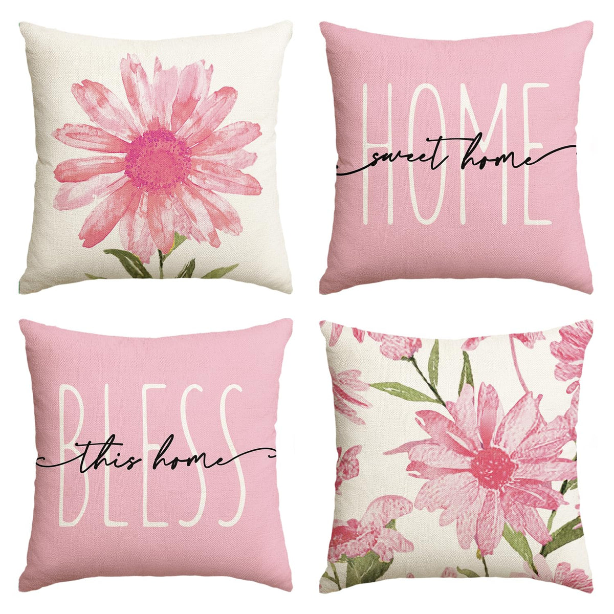AVOIN colorlife Home Sweet Home Spring Summer Flowers Throw Pillow Covers, 18 x 18 Inch Grey Cushion Case for Sofa Couch Set of 4
