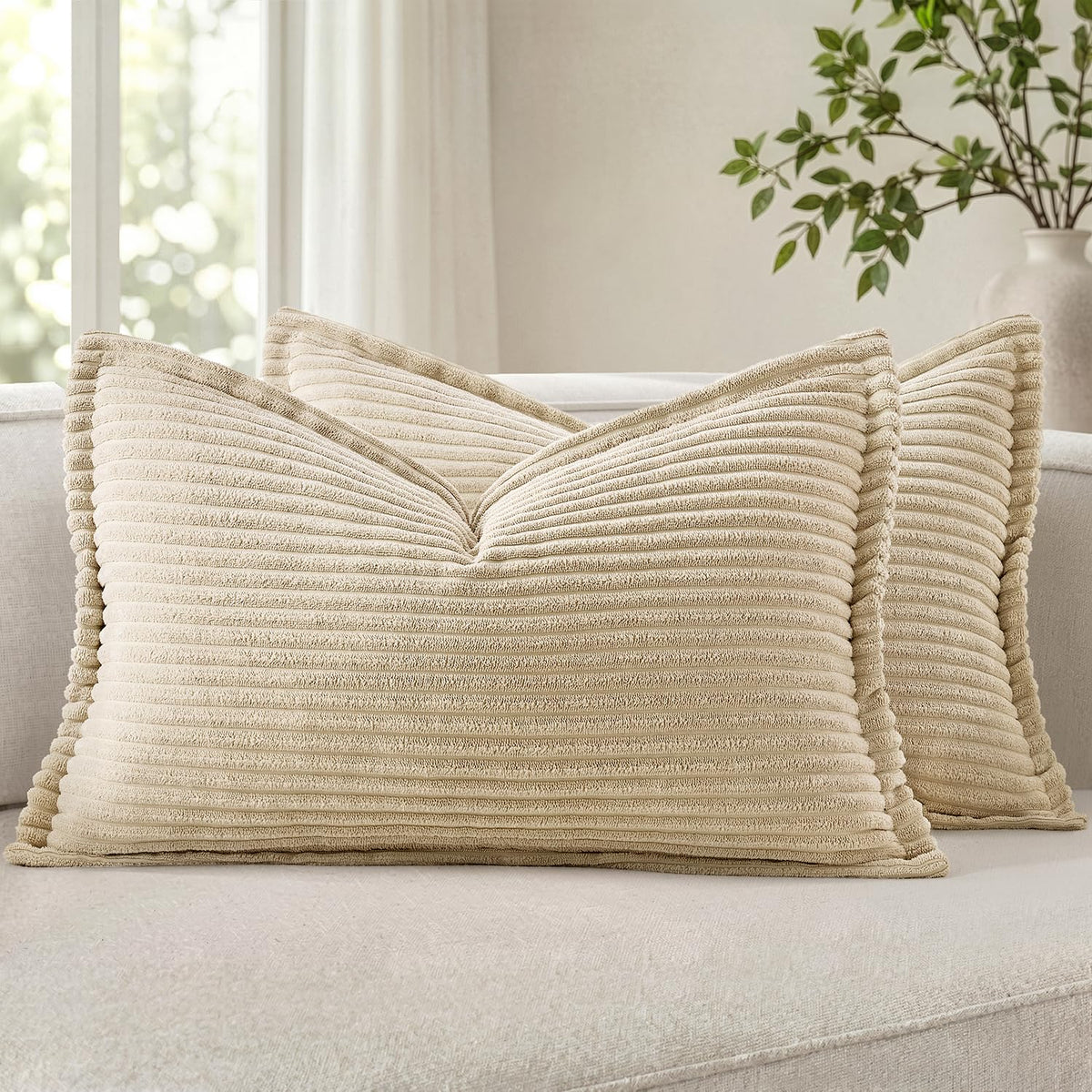 MIULEE Couch Pillow Covers 18x18 Cream White Textured Corduroy