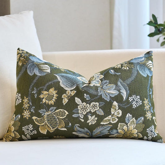 Neutral Floral Pillow Cover 12x20, Vintage Linen Lumbar Pillow Cover Soft Decorative Farmhouse Accent Pillow Case for Couch Bedroom Living Room Home Decor, Green