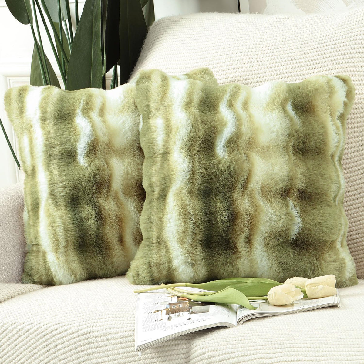 MADIZZ Pack of 2 Thick Plush Faux Wool Throw Pillow Covers Soft Boho Throw Pillows Luxurious Cushion Covers for Couch Sofa Bedroom Living Room Home Decor 18x18 Inch Cream